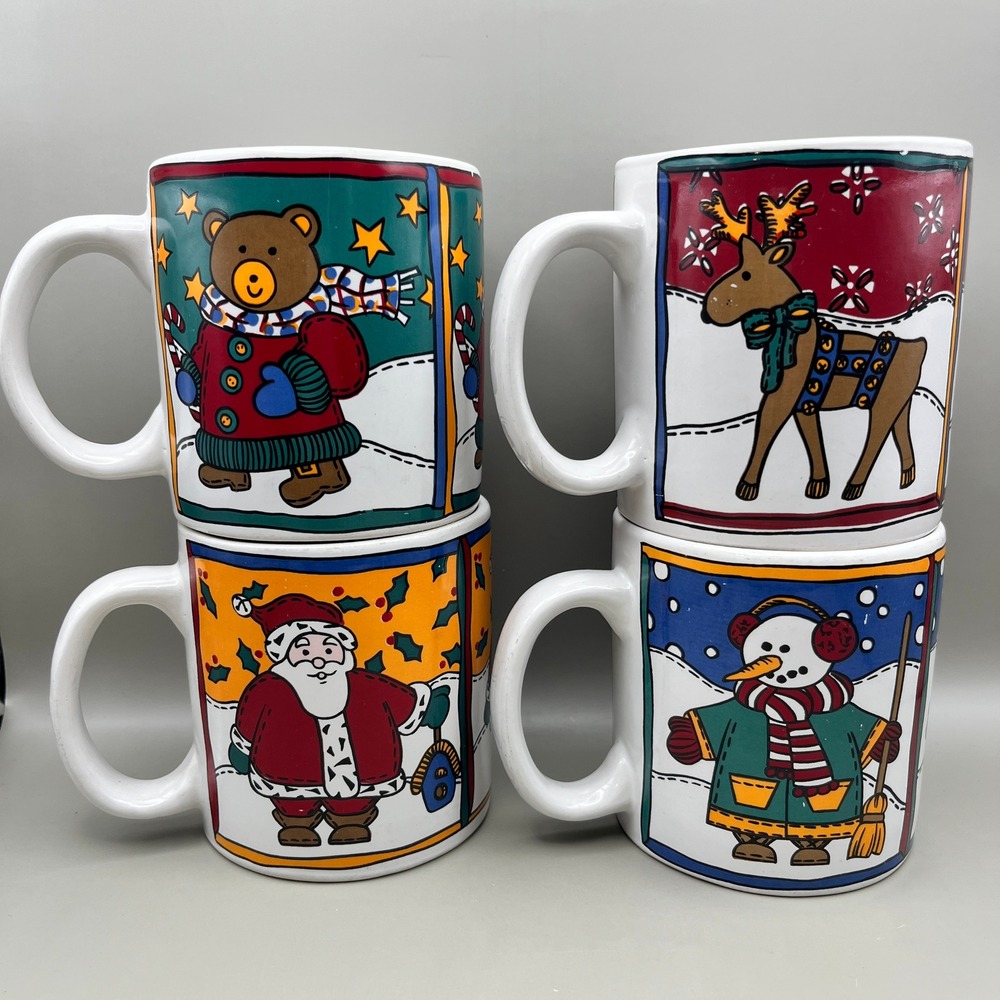 Vtfg Majesticware 1998 December Christmas Mugs Set of 4 Santa Snowman Bear 12oz‎